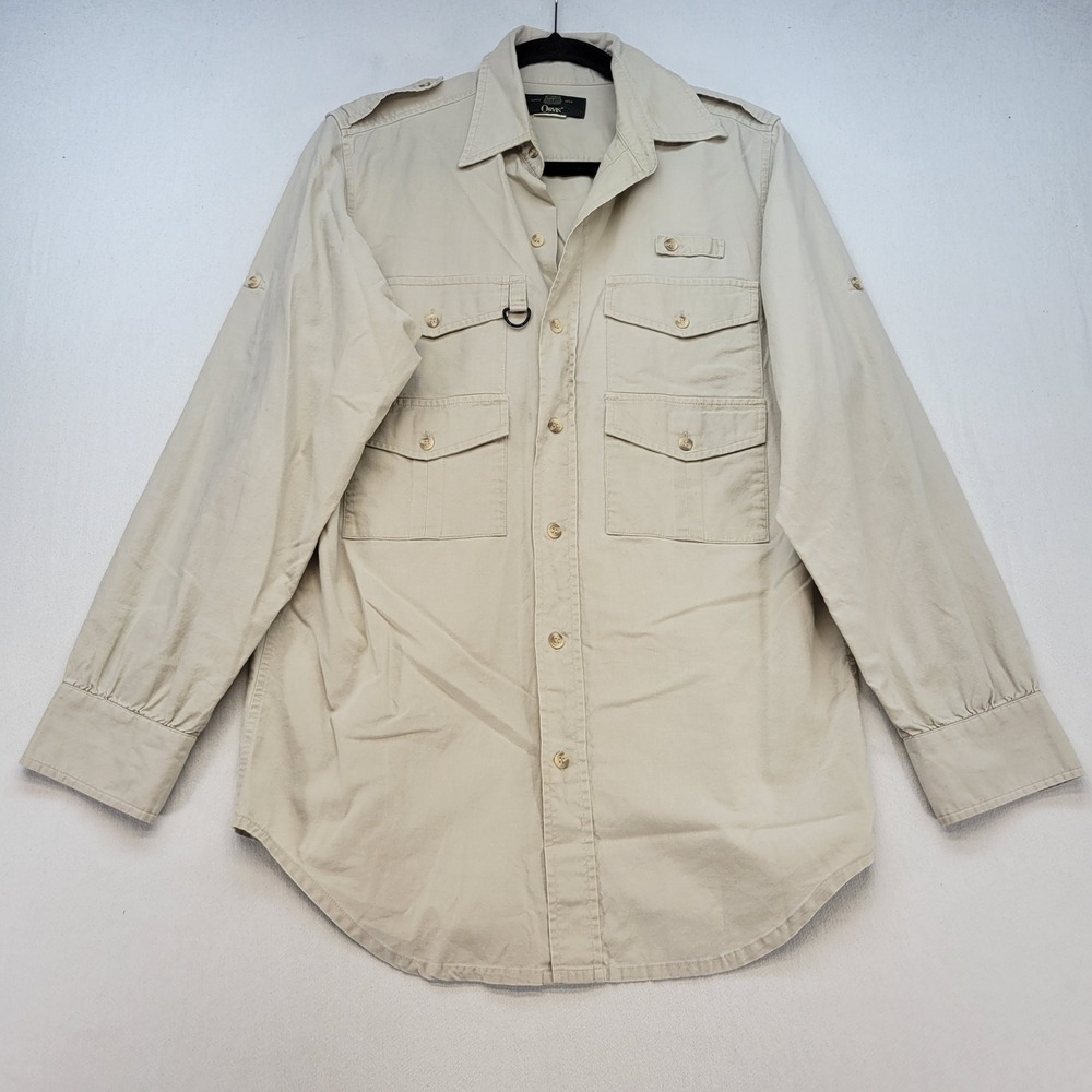 Orvis Safari Shirt Mens Small Tan Khaki Military Style Epaulets D-Ring Utility